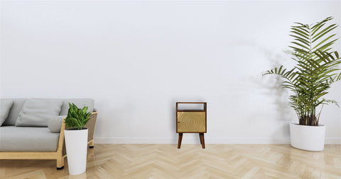 Zen bedside table with woven rattan front panel dark brown legs made from chestnut solid mango wood