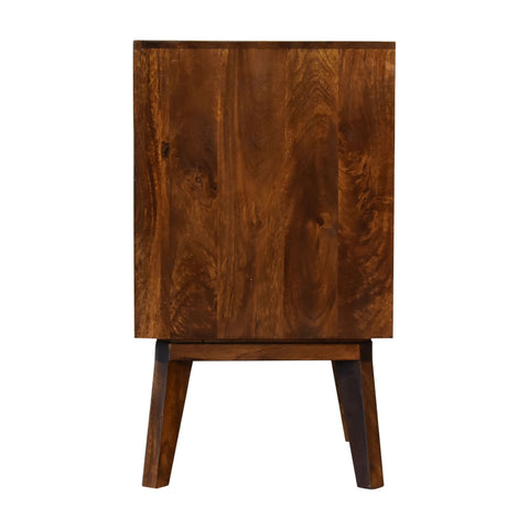 Rustic chestnut solid mango wood zen bedside table with dark brown natural wood grain and tapered legs
