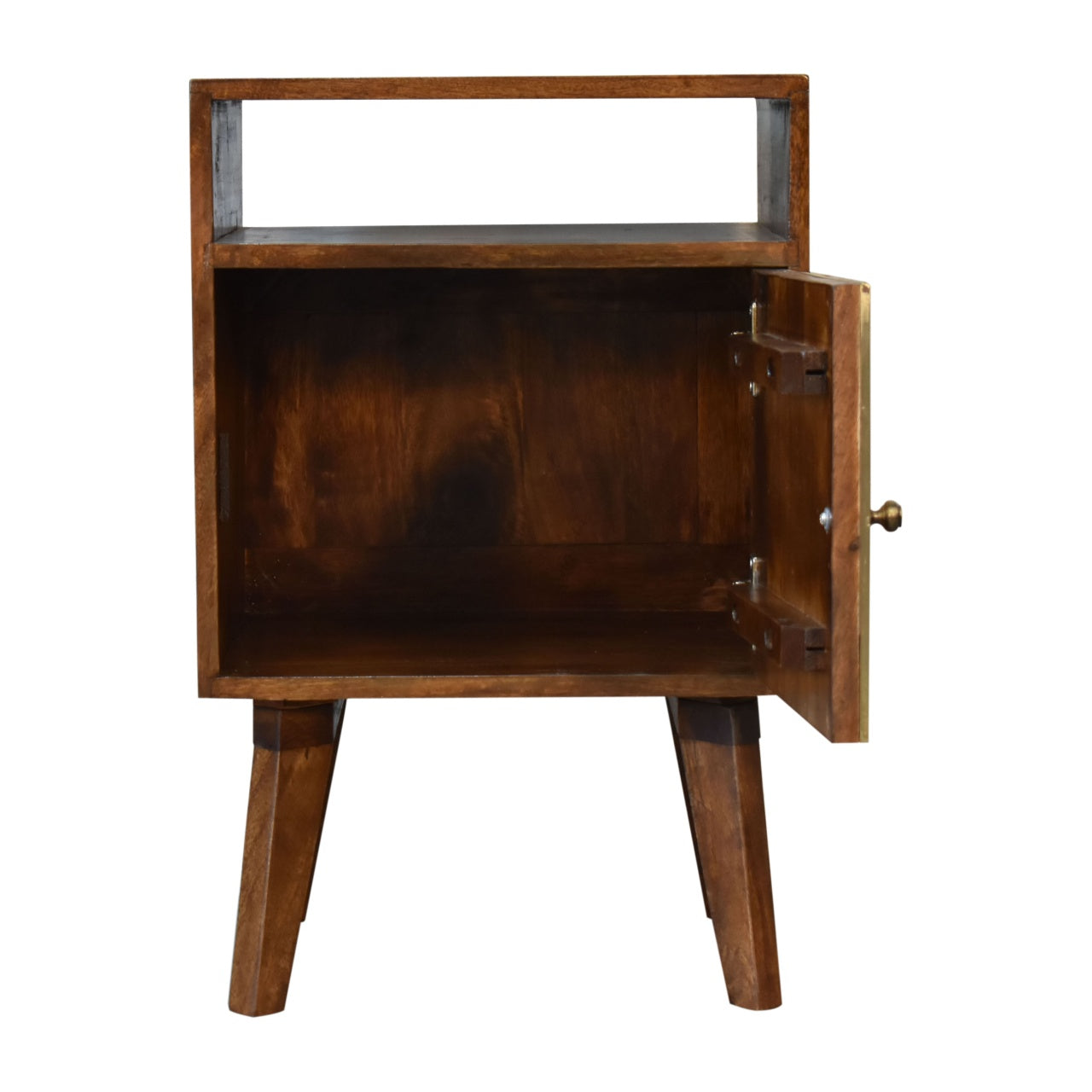 Rustic zen bedside table in chestnut solid mango wood with a single door tapered legs and brass knob
