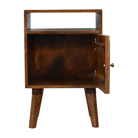 Rustic zen bedside table in chestnut solid mango wood with a single door tapered legs and brass knob