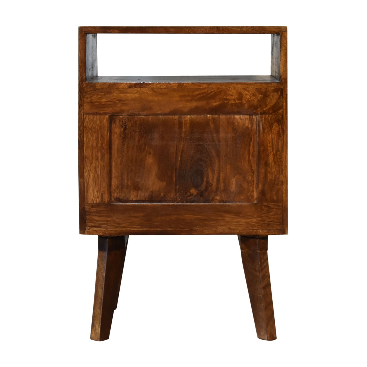 Rustic zen bedside table in chestnut solid mango wood with warm brown finish four angled legs rectangular top