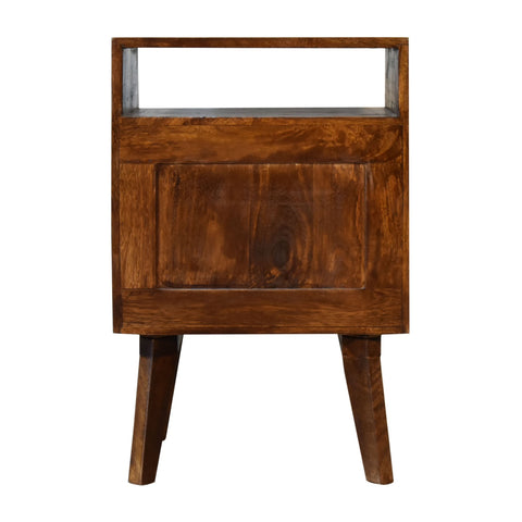 Rustic zen bedside table in chestnut solid mango wood with warm brown finish four angled legs rectangular top
