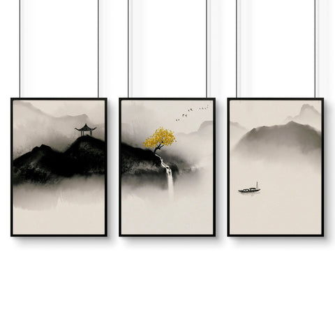 Japanese pagoda | set of 3 wall art for home office decor