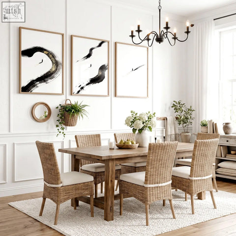 Woven wicker dining chairs with cream cushioned seats next to zen wall decor featuring lone figure art prints set of 3