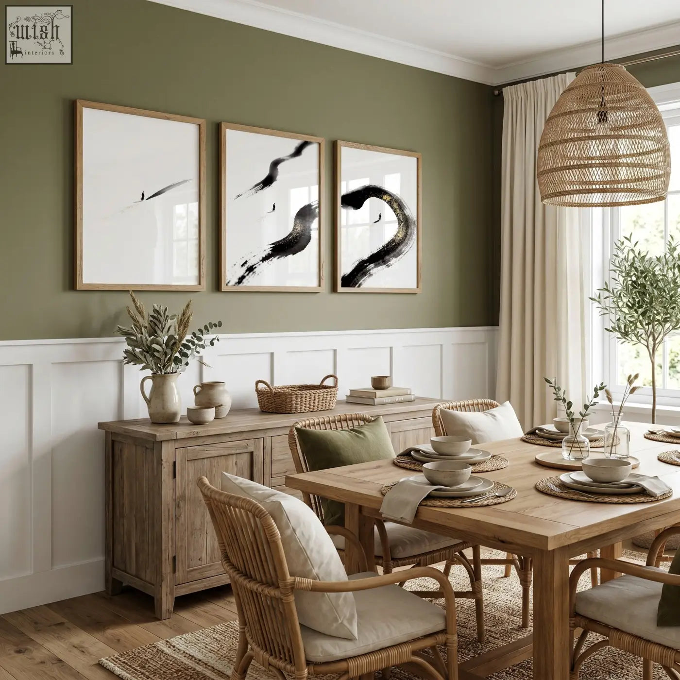 Woven rattan pendant light with natural texture paired with zen wall decor lone figure art prints for dining room