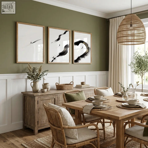 Woven rattan pendant light with natural texture paired with zen wall decor lone figure art prints for dining room