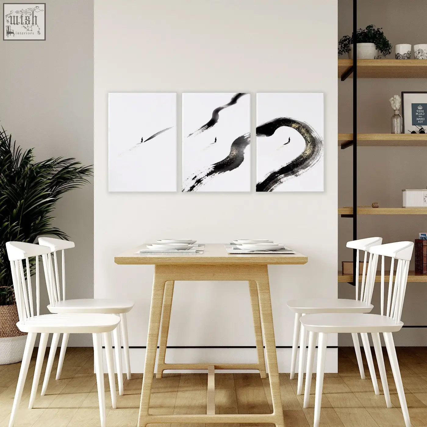 Three-panel japandi ink brushstroke wall art with lone figure in black on white canvas perfect for dining room zen wall decor