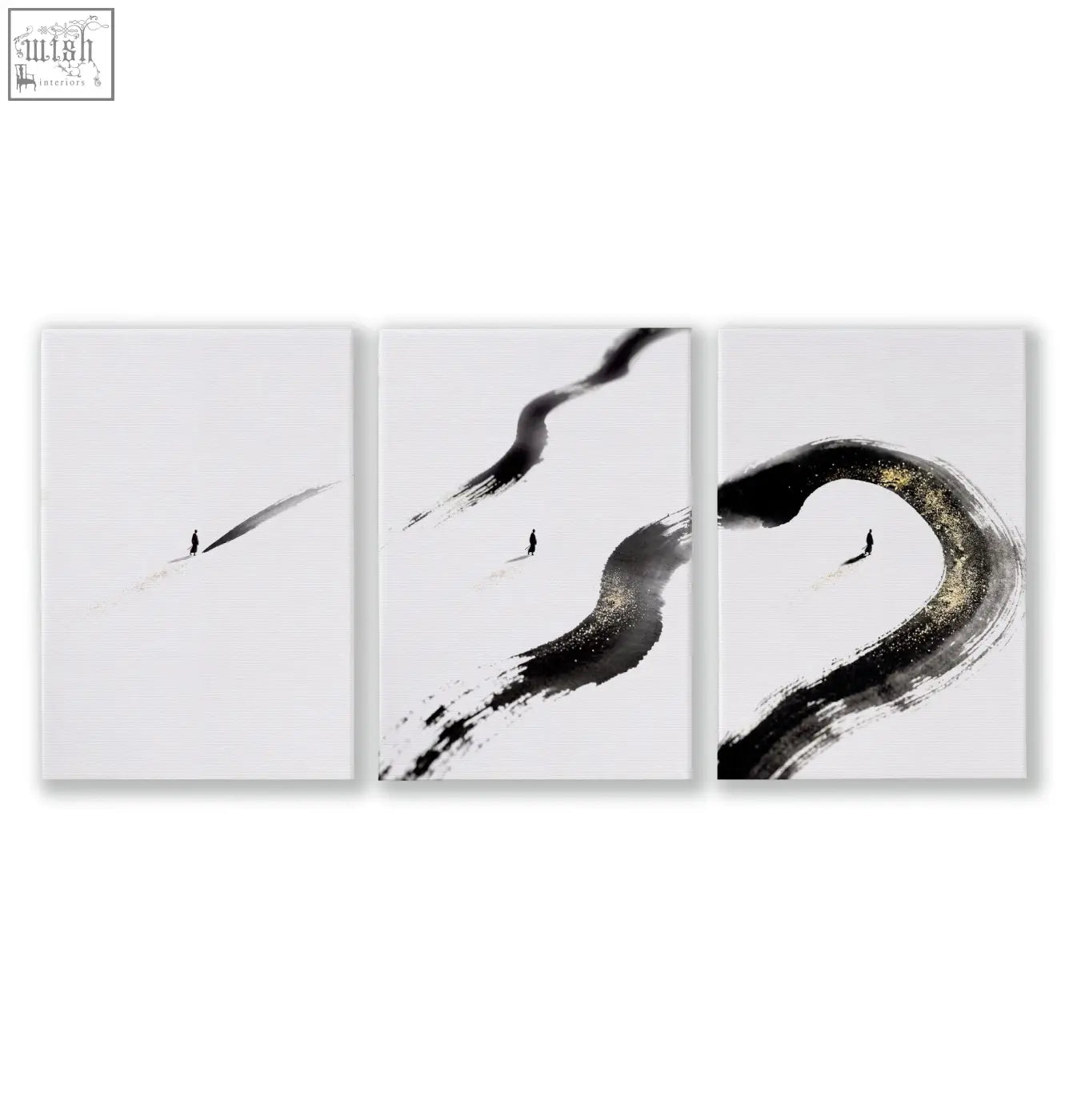 Three-panel zen wall decor featuring bold black brushstrokes and gold accents with lone figure for dining room
