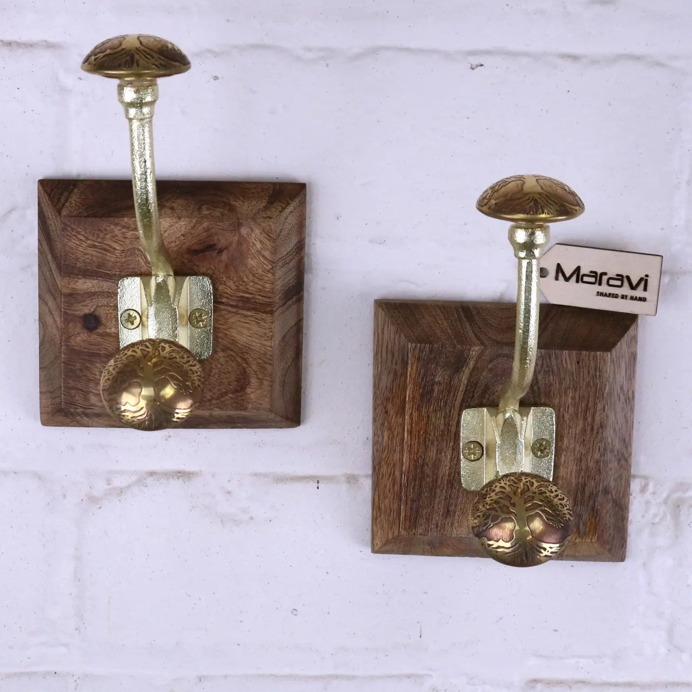 Zerika antique gold coat hooks set of 2 with brass tree-of-life design on square mango wood plaques gold coat hooks
