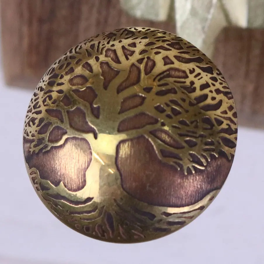Zerika antique gold coat hooks set of 2 featuring circular brass metal design with intricate tree of life engraving gold coat hooks