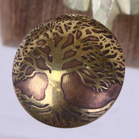 Zerika antique gold coat hooks set of 2 featuring circular brass metal design with intricate tree of life engraving gold coat hooks
