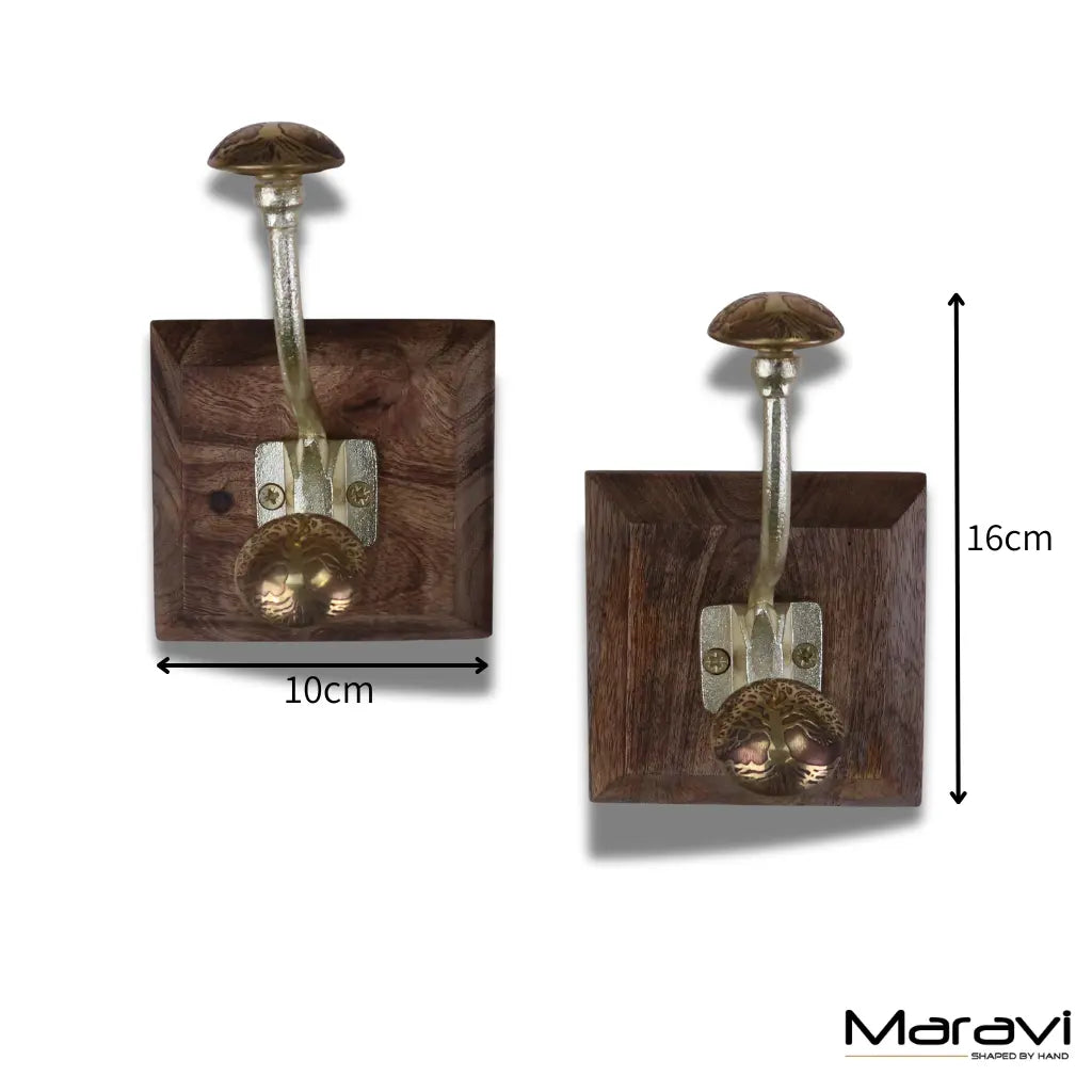 Dark wood square wall hook with brass-finished antique gold curved hook from zerika gold coat hooks set of 2