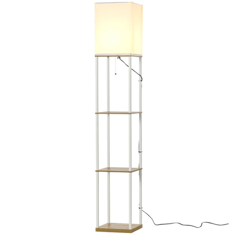 HOMCOM Modern Floor Lamp with Shelves, 3 Layer Shelf Tall Standing Lamp with Fabric Lampshade, Pull Chain Switch for Living Room, Bedroom, Bulb not Included, White