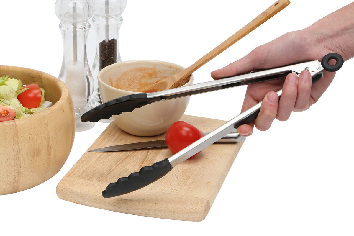 Zing black silicone and stainless steel tongs with circular handle loop and sturdy stainless steel construction