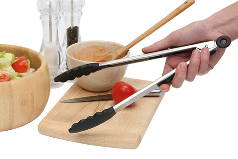 Zing black silicone and stainless steel tongs with circular handle loop and sturdy stainless steel construction
