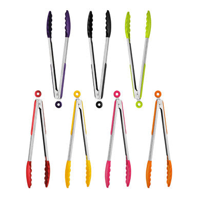 Set of colorful silicone-coated kitchen tongs in vibrant hues with stainless steel and black silicone accents