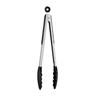 Silver stainless steel tongs with black silicone grips and a circular ring, part of the zing black silicone and stainless steel tongs