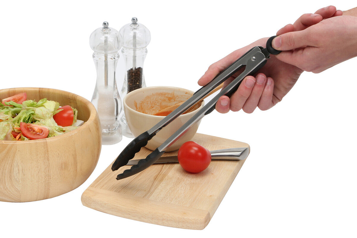 Black and silver stainless steel tongs with black silicone textured grip handle perfect for cooking and grilling