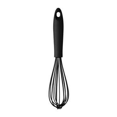 Zing black silicone whisk with a black silicone handle and wire mesh head perfect for mixing and whipping