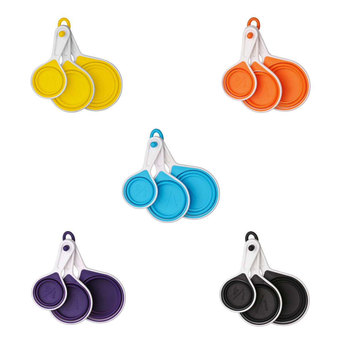 Set of four zing blue collapsible silicone measuring cups in yellow orange blue purple and black with white handles