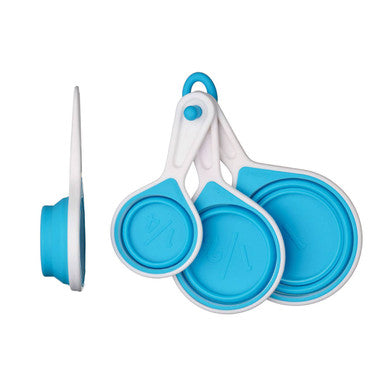 Zing blue collapsible silicone measuring cups in blue and white with loop handle for easy silicone measuring