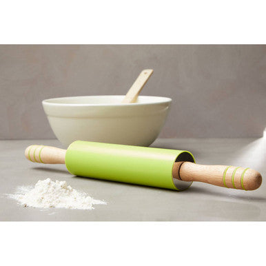 Zing green silicone rolling pin with lime green silicone coated wood and light wood handles with gold bands