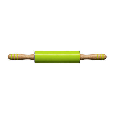 Zing green silicone rolling pin with wooden handles and yellow striped accents in bright green silicone rolling design