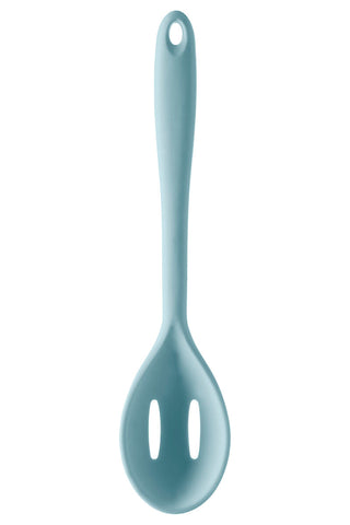 Zing light blue silicone slotted spoon with smooth handle and two elongated oval openings in the bowl