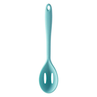 A sleek light blue silicone slotted spoon with two elongated slots for easy draining and serving