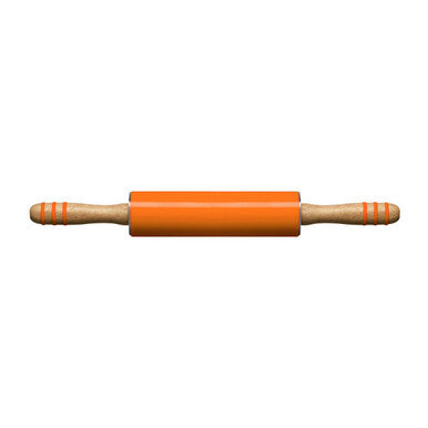 Orange silicone rolling pin with wooden handles and striped detailing for smooth dough rolling and baking fun