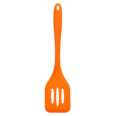 Zing orange silicone slotted turner with orange silicone head and three vertical slits for easy flipping and stirring