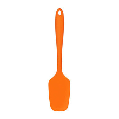 Orange silicone turner with smooth rounded head and looped handle for hanging made of durable silicone