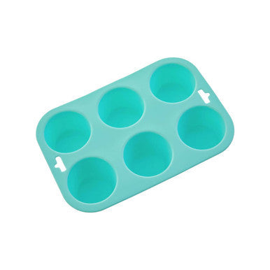 Pastel green silicone muffin mould with six round cavities and integrated handles perfect for baking muffins