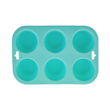 Teal silicone muffin mould with six round cups and handle cutouts perfect for pastel green muffin mould baking