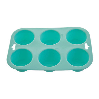 Teal silicone muffin mould with six round cavities and integrated handles perfect for pastel green baking needs