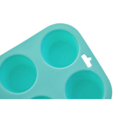 Turquoise silicone muffin mould with rounded cups and hanging loop perfect for pastel green muffin mould baking