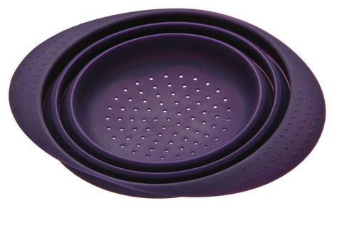 Zing purple collapsible colander made of silicone with perforated interior and textured grip purple collapsable design