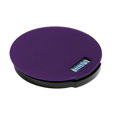 Purple glass kitchen scale with a circular design black base and digital display for precise weighing up to 2kg
