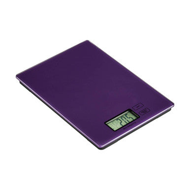 Zing purple glass kitchen scale with sleek glass surface and small green display electronic kitchen scale