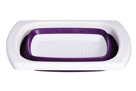 Zing purple sink collapsible colander with perforated white interior and flexible design for easy storage and use