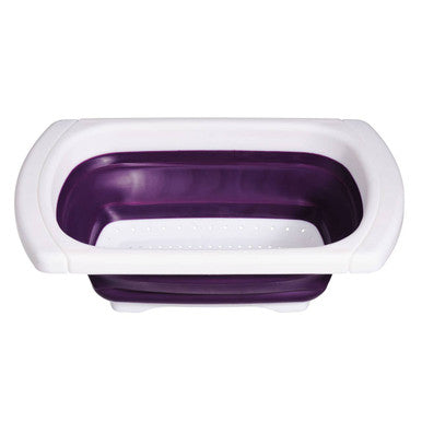 Zing purple sink collapsible colander made of purple and white silicone for easy over sink use and storage