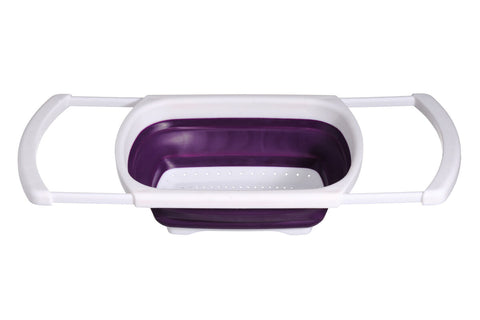 Zing purple sink collapsible colander made of silicone in purple and white with a perforated base for easy draining