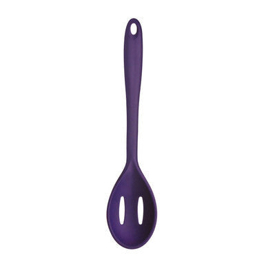 Zing purple silicone slotted spoon with smooth rounded handle and two elongated oval openings in the bowl