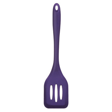 Purple silicone slotted turner with three vertical slots on the head made from flexible silicone material
