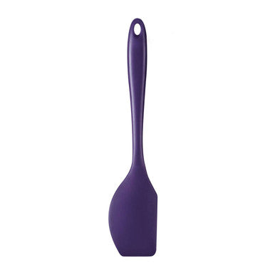 Zing purple silicone spatula with a smooth rounded head and slender handle with hole for hanging