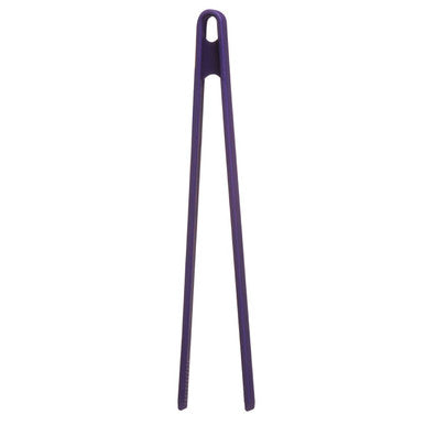 Purple silicone tongs with looped top handle made from flexible silicone for easy gripping and cooking