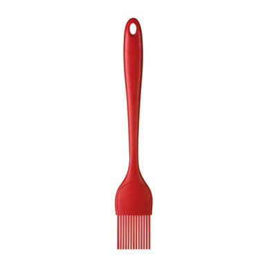 Red silicone pastry brush with looped handle for easy hanging and basting in the kitchen