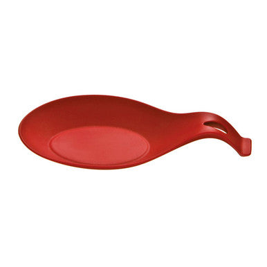 Zing red spoon rest made of smooth red silicone with a glossy finish and ergonomic handle for easy use