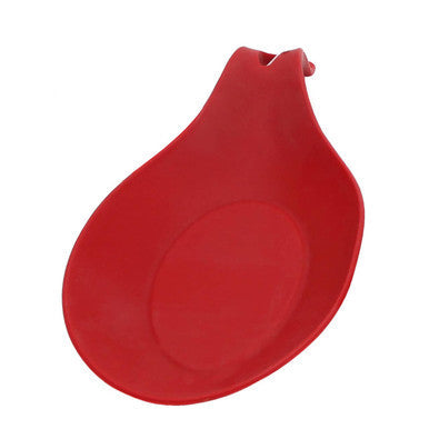 Zing red spoon rest made of silicone with a teardrop shape and small loop for easy hanging