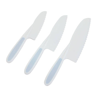 Set of three white plastic dessert knives with pastel blue handles and serrated edges perfect as salad knives